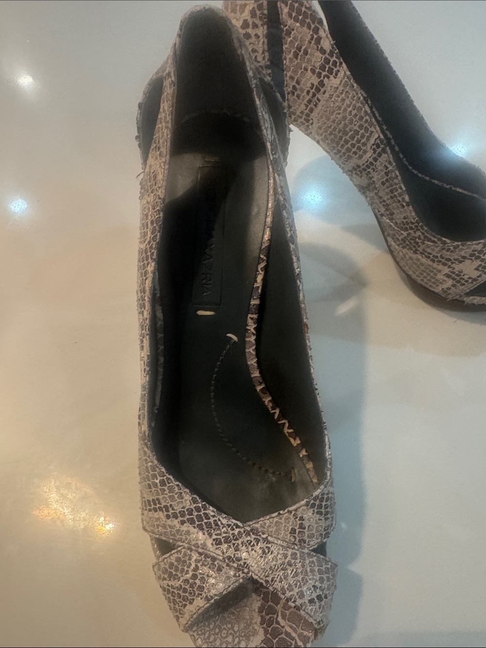 BCBGMAXARIZA Snake-Print Peep-Toe High Heels in Gray and Cream
